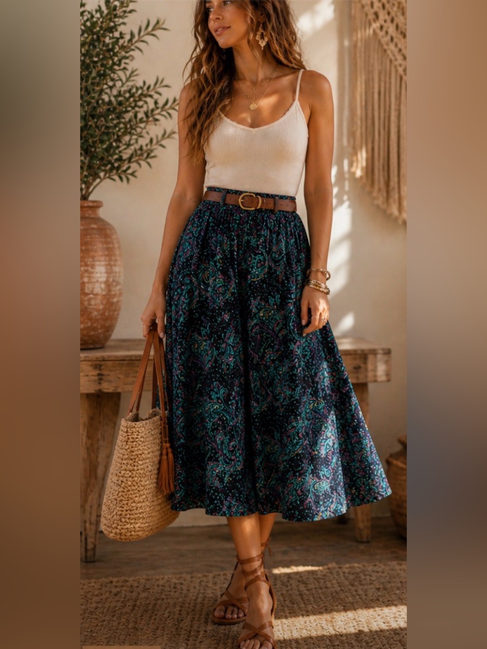 Vintage Paisley Midi Skirt • Boho • Farm Rio Inspired • Anthro• Size 30” waist